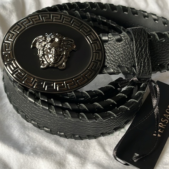 VERSACE BLACK LEATHER BELT MEDUSA HEAD SILVER SIZE 100/40 fit 34to 40 NEW - Picture 4 of 6